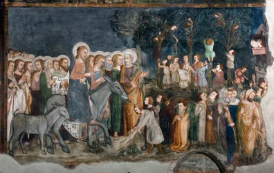 La entrada a Jerusalén (fresco de la escuela de Siena, siglo XIV, Iglesia Superior, Monasterio de San Benedetto)