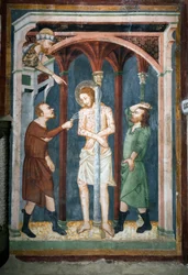 La flagelación (fresco de la escuela de Siena, siglo XIV, Iglesia Superior, Monasterio de San Benedetto)