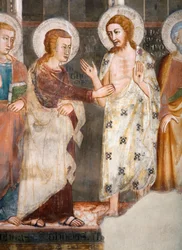 La incredulidad del apóstol Tomás (detalle). Fresco de la escuela de Siena. Siglo XIV. Iglesia Superior. Monasterio de San Benedetto (Sacro Speco), Subiaco (Roma), Italia