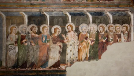 La incredulidad del apóstol Tomás. Fresco de la escuela de Siena. Siglo XIV. Iglesia Superior. Monasterio de San Benedetto (Sacro Speco), Subiaco (Roma), Italia