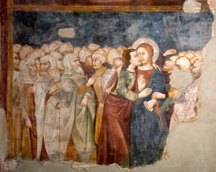 El beso de Judas. Fresco de la escuela sienesa. Siglo XIV. Iglesia superior. Monasterio de San Benito (Sacro Speco), Subiaco (Roma), Italia