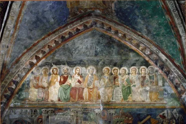 Los doce apóstoles. Detalle de un fresco de la escuela de Siena. Siglo XIV. Monasterio de San Benito (Sacro Speco), Iglesia Superior en Subiaco (Roma), Italia