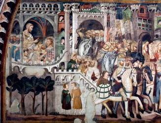 Vista del detalle de un fresco que decora la Iglesia Superior que representa la Subida al Calvario: a la izquierda Jesús frente a Poncio Pilato