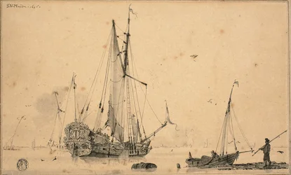 Escena del Puerto con Barcos y Pescador