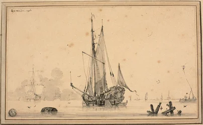 Escena de puerto con barcos en reposo y pilotes