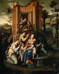 La Sagrada Familia rodeada de santos