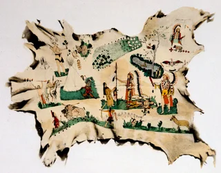 Pintura Nativa Americana en piel de animal, siglo XIX