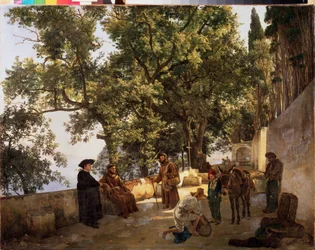 Una terraza en la orilla, cerca de Sorrento (Sorrento, Italia) (monjes capuchinos en conversación y un hombre cargando su burro con pequeños barriles) - Una terraza a la orilla del mar, Cappuccini cerca de Sorrento - Pintura de Sylvester Feodosiyevich Shch