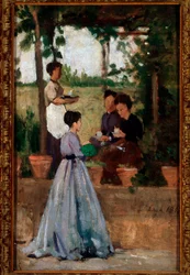 Damas italianas bebiendo café bajo la pérgola
