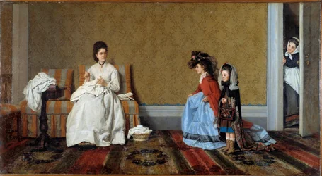 Niñas jugando a ser grandes damas. Dos hermanas se disfrazan con la ropa de su madre. Pintura de Silvestro Lega (1826-1895), 1872. Colección privada
