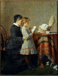 Lección de lectura. Una enfermera enseña a leer a una niña. Pintura de Silvestro Lega (1826-1895)
