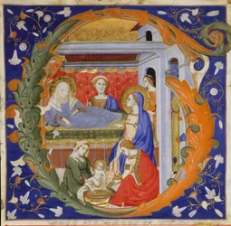 Iluminación de Manuscrito con el Nacimiento de la Virgen en una Inicial G, de un Gradual