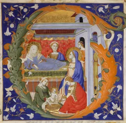 Iluminación de Manuscrito con el Nacimiento de la Virgen en una Inicial G, de un Gradual
