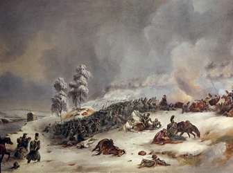 Retirada de Rusia en 1812: "La división Ricard en la batalla de Krasnoe el 18/11/1812, a las 9 de la mañana". Pintura en acuarela de Simeon Fort (1793-1861) Sol. 0,6x0,99 m.