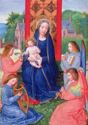 Por ejemplo, 2125 f.157v Madonna y Child con ángeles tocando instrumentos, de las Horas de Juana de Ghistelles, c.1516 (vitela)