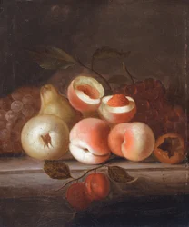 Bodegón de melocotones y otras frutas (óleo sobre lienzo)
