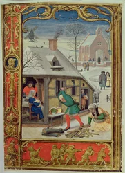 Añadir 24098 f.18v Enero: Cortar troncos y trineos, de un Libro de Horas, o el Libro de Golf, c.1520-30 (vitela)
