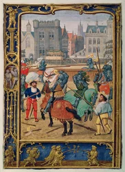 Añadir 24098 f.23v Junio: Justas y un juego con caballos de juguete, de un Libro de Horas, o el Libro de Golf, c.1520-30 (vitela)