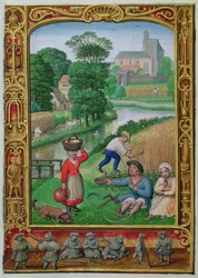 Añadir 24098 f.25v Agosto: Cosecha cerca de un río, de un Libro de Horas, o el Libro de Golf, c.1520-30 (vitela)
