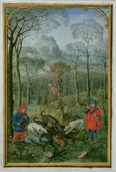 18855 f.108v Diciembre: matando al jabalí, de un Libro de Horas, c.1540 (vitela)