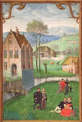 Abril: parejas cortejando, de un Libro de Horas, c.1540