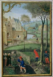 Add 18855 f.108 March: tala de árboles, de un Libro de Horas, c.1540 (vitela)