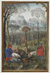 Añadir MS 18855 f.108v Miniatura del calendario de diciembre con una caza de jabalí en vitela)