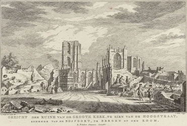 Ruina de la Gran Iglesia de Bergen op Zoom, 1748 Vista de las ruinas de Groote Kerk, vistas desde Hoogstraat, viniendo desde Bospoort, en Bergen op den Zoom (título sobre el objeto) Diez caras de las ruinas tras el asedio y destrucción de Bergen op Z