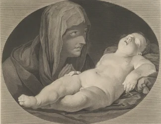 La Virgen en oración, mirando al niño Cristo dormido, en un marco ovalado, después de Reni
