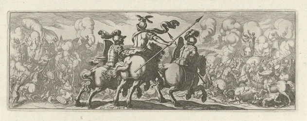 Drie cavaleristen bij een veldslag met olifanten Caballería (título de la serie) Faecvnda lo que es la amada de Febo y la agradecida Florentia a los hombres de agudo genio, bastante lo demuestran las pvgnas, enthea por la fuerza de los senos que talló Merc