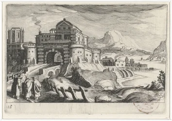 Gente de Emmäus frente a una puerta de la ciudad en un paisaje montañoso Paisajes del sur de Europa (título de la serie) Topographia variarum regionum (título de la serie)