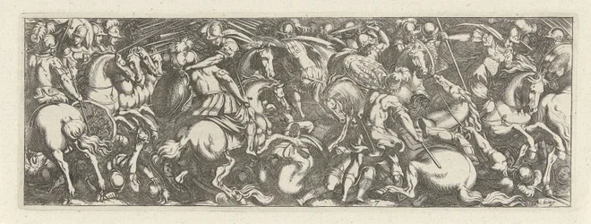 Gevecht tussen cavaleristen en infantrysten Caballería (título de la serie) Faecvnda lo que es la amada de Febo y la agradecida Florentia a los hombres de agudo genio, bastante lo demuestran las pvgnas, enthea por la fuerza de los senos que talló Mercurio 
