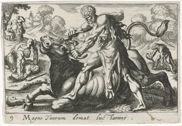 Hércules en batalla con Achelous Doma un gran toro luchando (título sobre objeto) Tema de Herculische (título de la serie)
