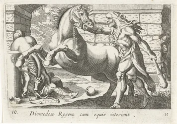 Hércules temt de paarden van Diomedes Rey Diomedes con caballos (título sobre objeto) El tema de Hércules (título de la serie)