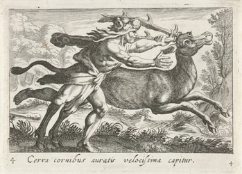 Hércules vangt de Hind van Cerynea Un ciervo con cuernos dorados es capturado muy rápido (título sobre objeto) Tema de Herculische (título de la serie)