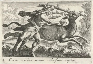 Hércules vangt de Hind van Cerynea Un ciervo con cuernos dorados es capturado muy rápido (título sobre objeto) Tema de Herculische (título de la serie)