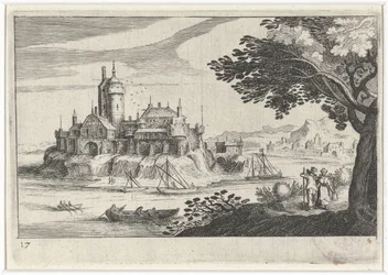 Paisaje montañoso con un castillo en una isla Paisajes del sur de Europa (título de la serie) Topographia variarum regionum (título de la serie)