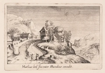 Paisaje con un sendero que asciende una montaña a través de un pueblo, de Topographia Variarum Regionum