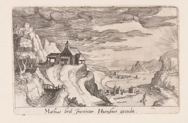 Paisaje con un valle fluvial y una iglesia sobre una colina, de Topographia Variarum Regionum