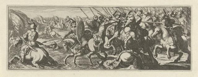 Veldslag bij een rivier Caballería (título de la serie) Faecvnda lo que es la amada de Febo y la agradecida Florentia a los hombres de agudo genio, bastante lo demuestran las pvgnas, enthea por la fuerza de los senos que talló Mercurio al aguerrido cliente