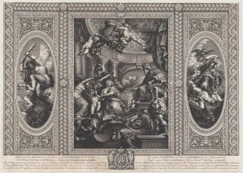 Una escena alegórica que muestra los beneficios del reinado de James en el centro, Gobierno Sabio, 1720