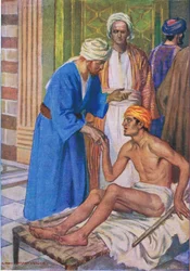 Pedro y Juan en la puerta hermosa, de El Libro de Imágenes de la Biblia publicado por Thomas Nelson, c.1950