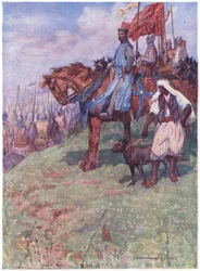 El buen rey estaba sentado a caballo a mitad de la montaña