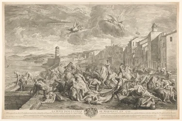 Las víctimas de la peste bubónica son sacrificadas en La Tourette, Marsella La Peste dans la ville de Marseille en 1720 (título sobre objeto)