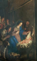 Iglesia parroquial (Iglesia de Nuestra Señora de la Asunción). En el interior. Pintar. Escena navideña. Simon De Paepe. Origen abadía Ename (?).