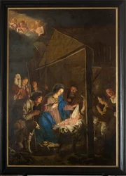 Iglesia parroquial (Iglesia de Nuestra Señora de la Asunción). En el interior. Pintar. Escena navideña. Simon De Paepe. Origen abadía Ename (?).