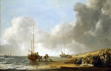 Una escena en la playa de Scheveningen (La Haya, Países Bajos), el mar a la izquierda y dunas de arena a la derecha, en el centro, un barco pesquero sobre su quilla y un grupo de pescadores.