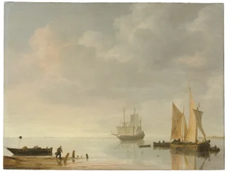Escena costera con barcos descansando en aguas tranquilas