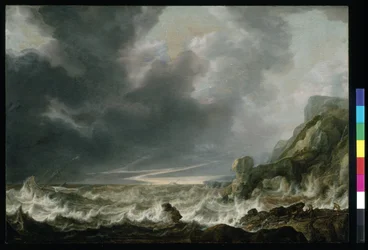 Barco en apuros frente a una costa rocosa, c.1645 (óleo sobre madera)