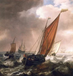 Pequeño barco de transporte holandés, antes de la brisa, en las aguas tranquilas y poco profundas de la costa, con la bandera del Admiraut de Zeeland (noreste de los Países Bajos) además de la de Holanda.